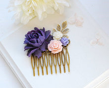 画像をギャラリービューアに読み込む, Purple and Pink Wedding Hair Accessory, Bridal Hair Comb, Bridesmaid Gift, Purple Peony Blush Pink Ivory Lavender Rose Leaf Collage Comb
