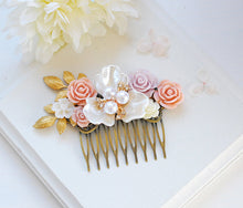 Load image into Gallery viewer, Blush Pink White Ivory Rose Hair Comb, Rustic Vintage Wedding Hair Accessory, Bridal Hair Comb, Mother of Pearl Gold Brass Leaf Crystal Comb
