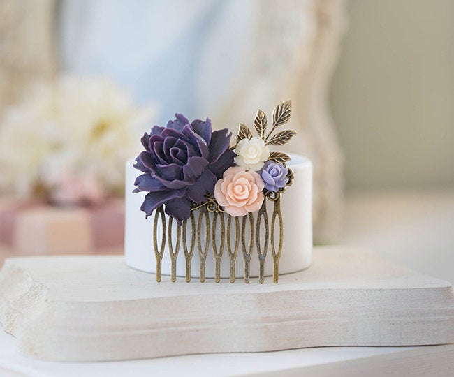 Purple and Pink Wedding Hair Accessory, Bridal Hair Comb, Bridesmaid Gift, Purple Peony Blush Pink Ivory Lavender Rose Leaf Collage Comb