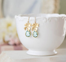 Load image into Gallery viewer, Seafoam Green Earrings, Gold Orchid Flower Aqua Blue Glass Dangle Earrings, Aqua Wedding Bridesmaid Earrings, Valentine&#39;s Day Gift for Her
