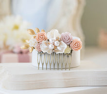 Load image into Gallery viewer, Blush Pink White Ivory Rose Hair Comb, Rustic Vintage Wedding Hair Accessory, Bridal Hair Comb, Mother of Pearl Gold Brass Leaf Crystal Comb
