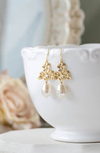 Load image into Gallery viewer, Gold Lilac Flower Swarovski Cream White Teardrop Pearl Dangle Earrings, Gold Earrings, Bridal Earrings, Wedding Jewelry, Bridesmaid Earrings
