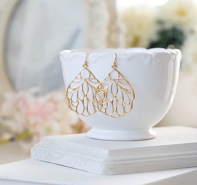 Large Gold Filigree Earrings. Boho Chic Bohemian Earrings, Gold Wing Earrings, Lace Filigree Dangle Earrings, Modern Everyday Earrings