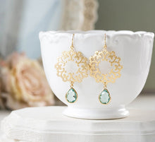 Load image into Gallery viewer, Seafoam Aqua Teadrop Gold Lace Filigree Dangle Earrings Aquamarine Blue Glass Crystal Chandelier Earrings Boho Chic Bohemian Wedding Jewelry
