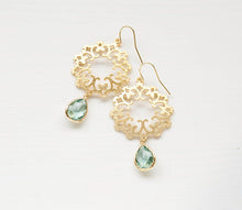 Load image into Gallery viewer, Seafoam Aqua Teadrop Gold Lace Filigree Dangle Earrings Aquamarine Blue Glass Crystal Chandelier Earrings Boho Chic Bohemian Wedding Jewelry
