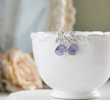 Load image into Gallery viewer, Silver Plated Purple Post Earrings Silver Flower Cherry Blossoms Tanzanite Lavender Crystal Drop Earrings Lavender Purple Wedding Earrings
