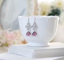 Load image into Gallery viewer, Plum Wedding Earrings Silver Cubic Zirconia Flower Dangle Earrings Bridal Earrings Purple Teardrop Crystal Dangle Earrings Bridesmaid Gift
