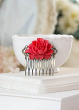 画像をギャラリービューアに読み込む, Red Rose Flower Bridal Hair Comb, Red Wedding Silver Filigree Hair Comb, Silver Bridal Hair Comb, Vintage Style Bridal Party Bridesmaid Gift
