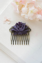 画像をギャラリービューアに読み込む, Purple Rose Flower Bridal Hair Comb Antique Brass Filigree Hair Comb Eggplant Purple Wedding Hair Comb Bridesmaid Gift Rustic Vintage Style
