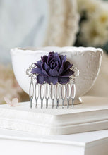 Load image into Gallery viewer, Purple Flower Bridal Hair Comb Silver Bridal Hair Piece Hairpiece Bridesmaid Gift Eggplant Purple Wedding Hair Accessory Romantic Vintage
