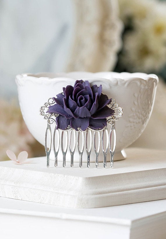 Purple Flower Bridal Hair Comb Silver Bridal Hair Piece Hairpiece Bridesmaid Gift Eggplant Purple Wedding Hair Accessory Romantic Vintage