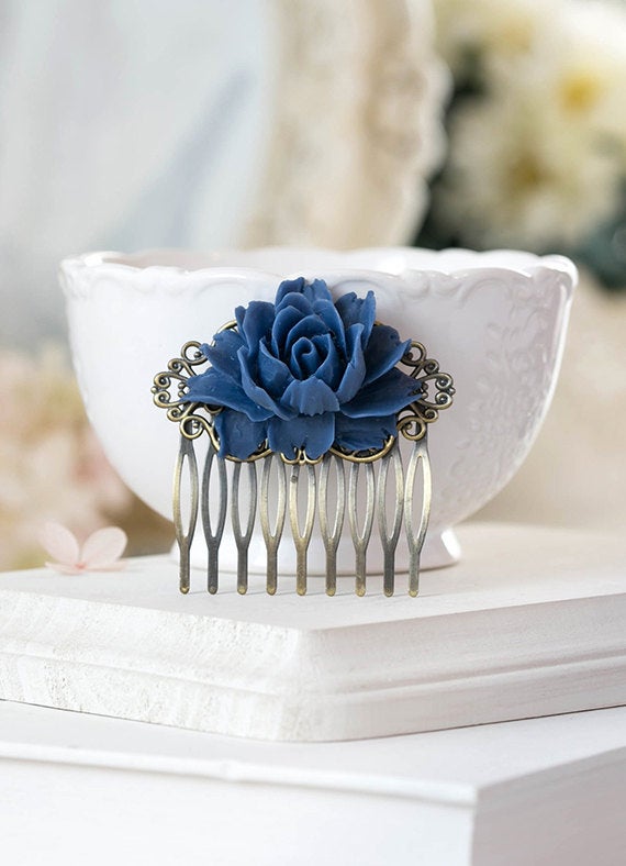 Navy Blue Bridal Hair Comb Antiqued Brass Filigree Dark Blue Rose Flower Hair Comb Something Blue Wedding Hair Accessory Bridesmaid Gift