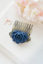 画像をギャラリービューアに読み込む, Navy Blue Bridal Hair Comb Antiqued Brass Filigree Dark Blue Rose Flower Hair Comb Something Blue Wedding Hair Accessory Bridesmaid Gift
