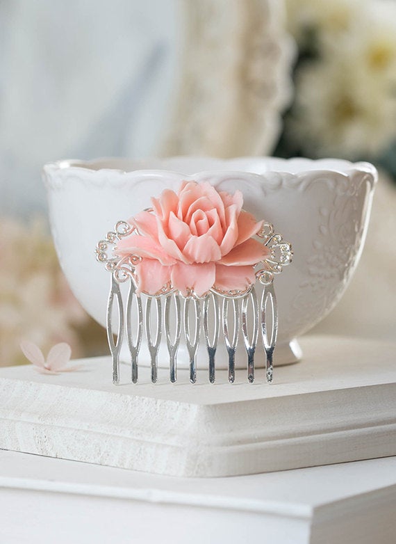 Blush Pink Flower Hair Comb Silver Filigree Hair Comb Blush Wedding Hair Accessory Silver Bridal Hairpiece Maid of Honor Bridesmaid Gift