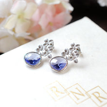 Load image into Gallery viewer, Silver Plated Purple Post Earrings Silver Flower Cherry Blossoms Tanzanite Lavender Crystal Drop Earrings Lavender Purple Wedding Earrings
