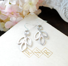 Load image into Gallery viewer, Clear Crystal Earrings Silver Bridal Earrings Silver Leaf Dangle Earrings Leaf Jewelry Silver Crystal Wedding Earrings Dangle Earrings
