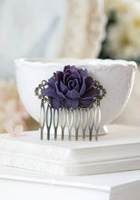 画像をギャラリービューアに読み込む, Purple Rose Flower Bridal Hair Comb Antique Brass Filigree Hair Comb Eggplant Purple Wedding Hair Comb Bridesmaid Gift Rustic Vintage Style
