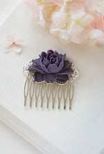 Load image into Gallery viewer, Purple Flower Bridal Hair Comb Silver Bridal Hair Piece Hairpiece Bridesmaid Gift Eggplant Purple Wedding Hair Accessory Romantic Vintage
