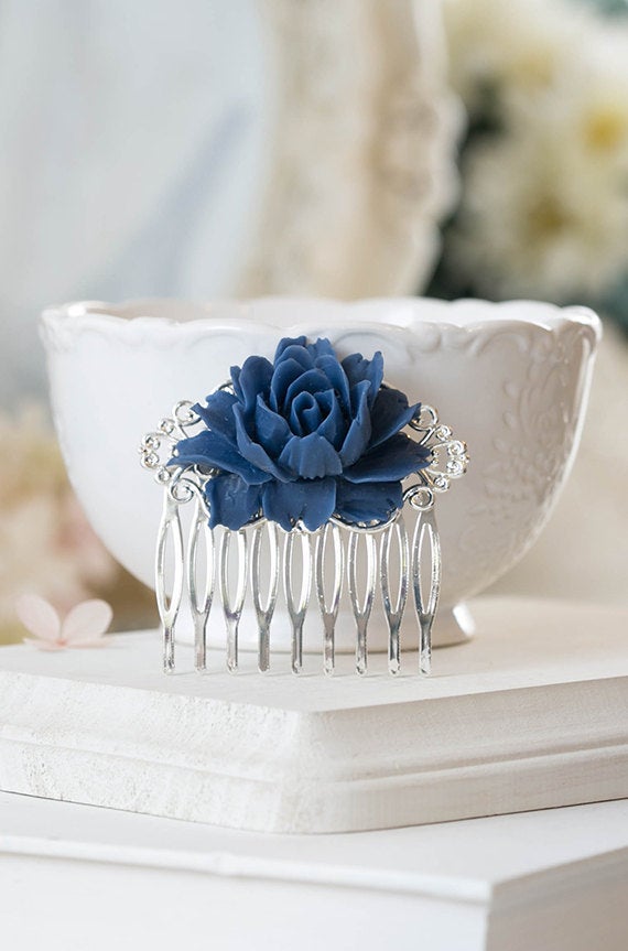 Navy Blue Rose Flower Silver Bridal Hair Comb Silver Filigree Dark Blue Floral Hair Comb Navy Blue Wedding Hair Accessory Bridesmaid Gift