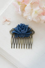 画像をギャラリービューアに読み込む, Navy Blue Bridal Hair Comb Antiqued Brass Filigree Dark Blue Rose Flower Hair Comb Something Blue Wedding Hair Accessory Bridesmaid Gift
