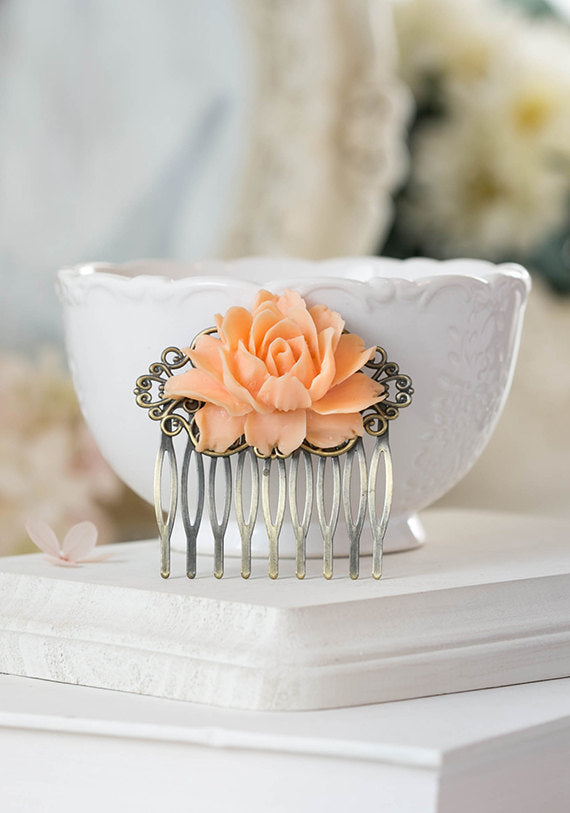 Peach Rose Hair Comb Antiqued Brass Filigree Comb Peach Wedding Hair Slide Bridal Hair Piece Bridesmaid Gift Floral Hair Accessory