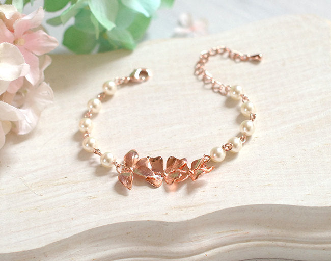 Rose Gold Bracelet Bridal Bracelet Orchid Flower Cream White Pearls Bracelet Rose Gold Wedding Jewelry Bridesmaid Gift Adjustable Bracelet