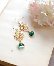 Load image into Gallery viewer, Emerald Green Earrings Gold Filigree Dangle Earrings Green Wedding Bridesmaid Earrings Bridal Earrings Gift for Wife Sister Mom Boho Chic
