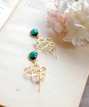 Load image into Gallery viewer, Green Earrings Emerald Glass Drop Gold Filigree Dangle Earrings Emerald Green Wedding Jewelry Bridesmaid Earrings May Birthstone Earrings
