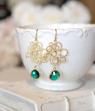 Load image into Gallery viewer, Green Earrings Emerald Glass Drop Gold Filigree Dangle Earrings Emerald Green Wedding Jewelry Bridesmaid Earrings May Birthstone Earrings
