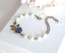 画像をギャラリービューアに読み込む, Navy Blue Wedding Bridal Bracelet Dark Blue Rose Flower Brass Leaf Branch Beaded Cream Ivory Pearl Bracelet Flower Girl Bridesmaid Bracelet
