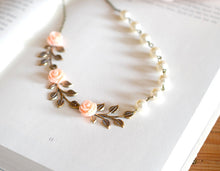 画像をギャラリービューアに読み込む, Peach Wedding Flower Girl Bracelet, Bridesmaid Bracelet, Bridal Bracelet, Peach Pink Rose Flower Cream Pearls Leaf Bracelet, Bridesmaid Gift
