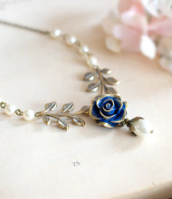 Load image into Gallery viewer, Dark Blue Navy Rose Flower Brass Leaf Branch Ivory Cream Pearl Necklace, Gold Navy Blue Bridal Necklace, Something Blue Woodland Wedding
