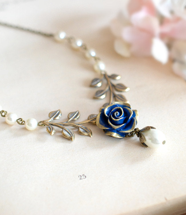 Dark Blue Navy Rose Flower Brass Leaf Branch Ivory Cream Pearl Necklace, Gold Navy Blue Bridal Necklace, Something Blue Woodland Wedding