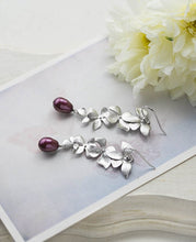 Load image into Gallery viewer, Silver Flower Dangle Earrings Bridal Earrings Plum Eggplant Purple Wedding Teardrop Pearl Earrings Swarovski Blackberry Pearl Earrings
