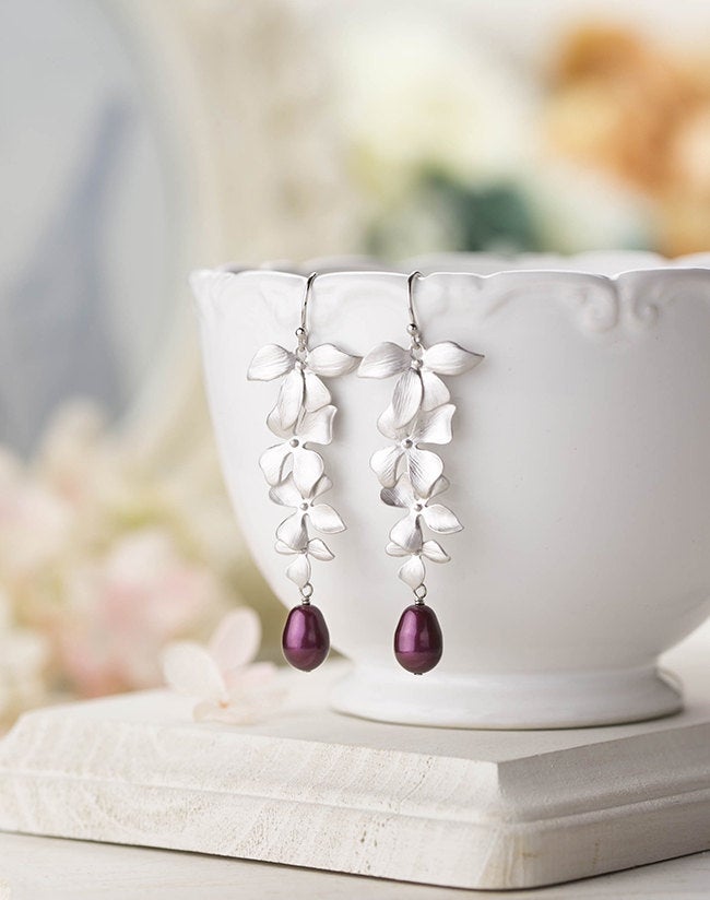 Silver Flower Dangle Earrings Bridal Earrings Plum Eggplant Purple Wedding Teardrop Pearl Earrings Swarovski Blackberry Pearl Earrings