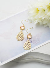 Load image into Gallery viewer, Peach Earrings Peach Wedding Earrings Gold Paisley Filigree Earrings Bridal Earrings Wedding Jewelry Bridesmaid Gift Bridesmaid Earrings
