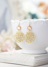 Load image into Gallery viewer, Peach and Gold Dangle Earrings Peach Champagne Wedding Jewelry Gold Paisley Filigree Earrings Bridal Earrings Bridesmaid Earrings Gift
