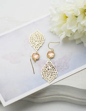 Load image into Gallery viewer, Gold and Peach Earrings Paisley Filigree Dangle Earrings Peach Champagne Wedding Bridal Earrings Bridesmaid Earrings Gift for Her
