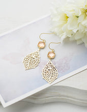 Load image into Gallery viewer, Gold and Peach Earrings Paisley Filigree Dangle Earrings Peach Champagne Wedding Bridal Earrings Bridesmaid Earrings Gift for Her
