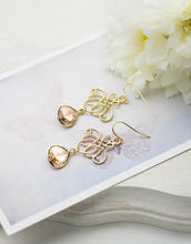 Load image into Gallery viewer, Peach Champagne Earrings Gold Ornate Filigree Peach Crystal Bridesmaid Gift Blush Wedding Jewelry Valentines day Gift for women for Her
