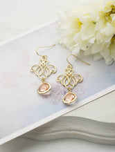 Load image into Gallery viewer, Peach Champagne Earrings Gold Ornate Filigree Peach Crystal Bridesmaid Gift Blush Wedding Jewelry Valentines day Gift for women for Her
