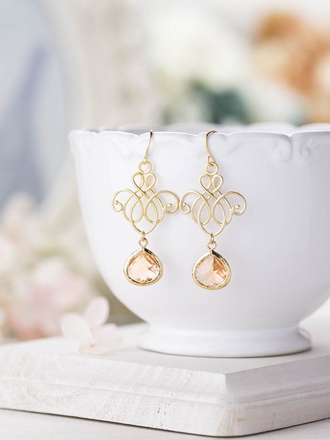 Peach Champagne Earrings Gold Ornate Filigree Peach Crystal Bridesmaid Gift Blush Wedding Jewelry Valentines day Gift for women for Her