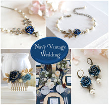 Load image into Gallery viewer, Dark Blue Navy Rose Flower Brass Leaf Branch Ivory Cream Pearl Necklace, Gold Navy Blue Bridal Necklace, Something Blue Woodland Wedding
