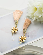 Load image into Gallery viewer, Tassel Earrings Light Tan Beige Silk Tassel Gold Lotus Flower Earrings Long Dangle Bohemian Boho Chic Yoga Yogi Jewelry Wife Mom Gift
