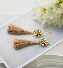 Load image into Gallery viewer, Tassel Earrings Light Tan Beige Silk Tassel Gold Lotus Flower Earrings Long Dangle Bohemian Boho Chic Yoga Yogi Jewelry Wife Mom Gift
