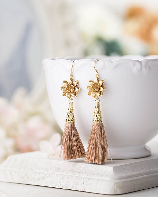 Tassel Earrings Light Tan Beige Silk Tassel Gold Lotus Flower Earrings Long Dangle Bohemian Boho Chic Yoga Yogi Jewelry Wife Mom Gift