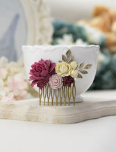 Load image into Gallery viewer, Marsala Wedding Hair Comb Plum Maroon Burgundy Dusty Pink Flower Antiqued Gold Leaf Branch Bridal Hair Comb Bridesmaid Gift Country Wedding
