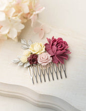 Load image into Gallery viewer, Marsala Wedding Hair Comb Silver Bridal Hair Comb Ivory Dusty Pink Maroon Burgundy Flower Antiqued Gold Leaf Wedding Comb Bridesmaid Gift
