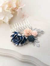 画像をギャラリービューアに読み込む, Navy Blue Pink Wedding Hair Comb Silver Bridal Bridal Headpiece Dark Blue Blush Pink Flower Silver Leaf Hair Comb Silver and Navy Wedding
