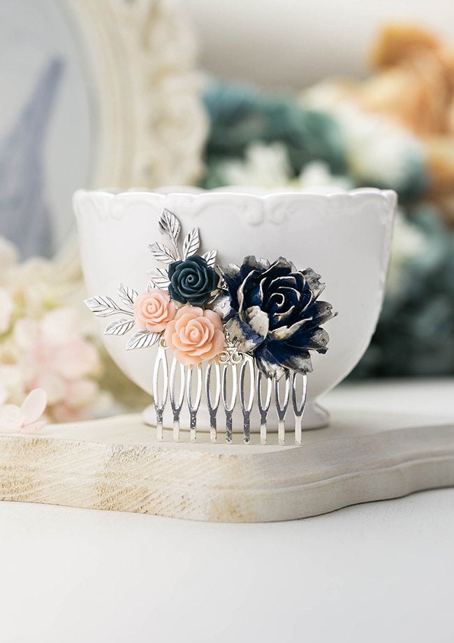 Navy Blue Pink Wedding Hair Comb Silver Bridal Bridal Headpiece Dark Blue Blush Pink Flower Silver Leaf Hair Comb Silver and Navy Wedding